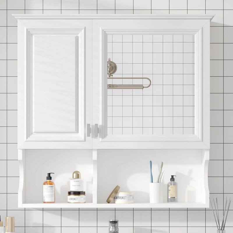 30-Inch Mirror Medicine Cabinet with Open Shelves - White