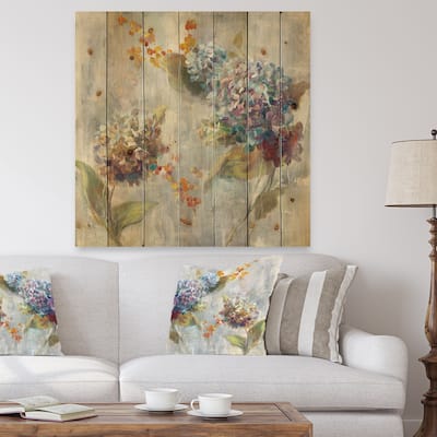 Designart 'Autumn Hydrangea' Traditional Print on Natural Pine Wood - Multi-color