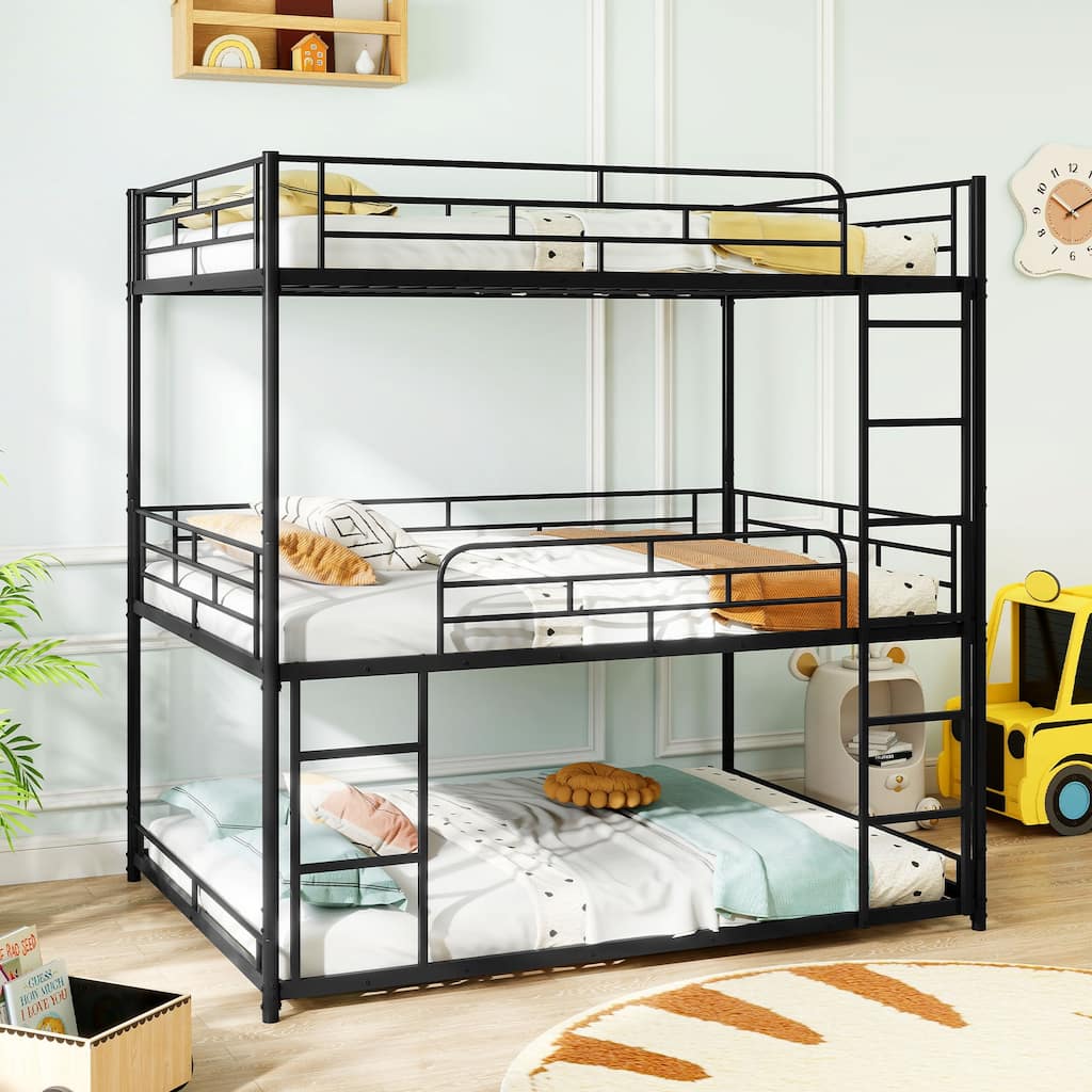 Modern Black Metal Frame Triple Bunk Bed Full Size for Shared Rooms with Guardrails and Ladder