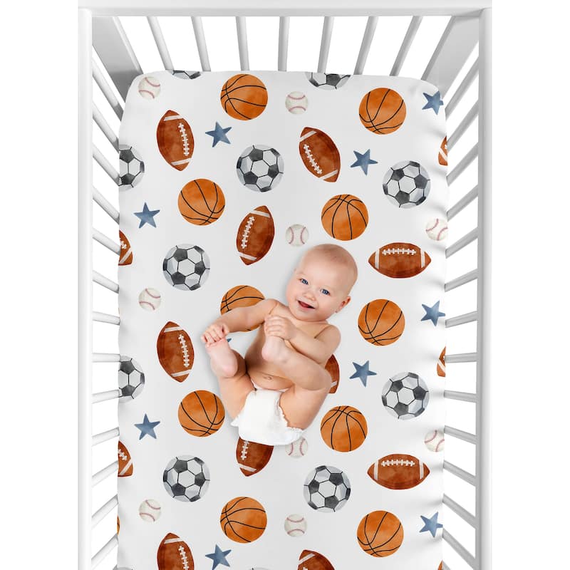 Sweet Jojo Designs Sports Theme Boy Fitted Crib Sheet Watercolor Vintage Soccer Balls Football Baseball Basketball Blue Stars