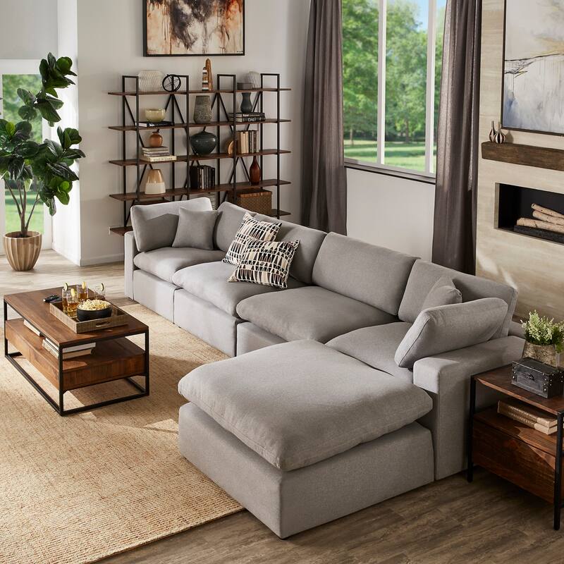 Anka Grey Linen Down Filled Cushioned Chaise Sectional Sofa with Ottoman by iNSPIRE Q Modern