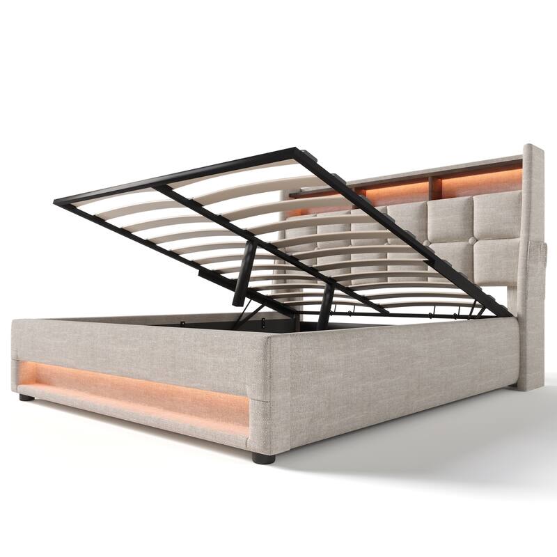 Full Platform Bed Storage Bed Frame Slat LED - Natural