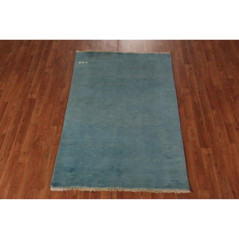 Blue Gabbeh Modern Rug Handmade Solid Wool Carpet - 3'4" x 4'11"