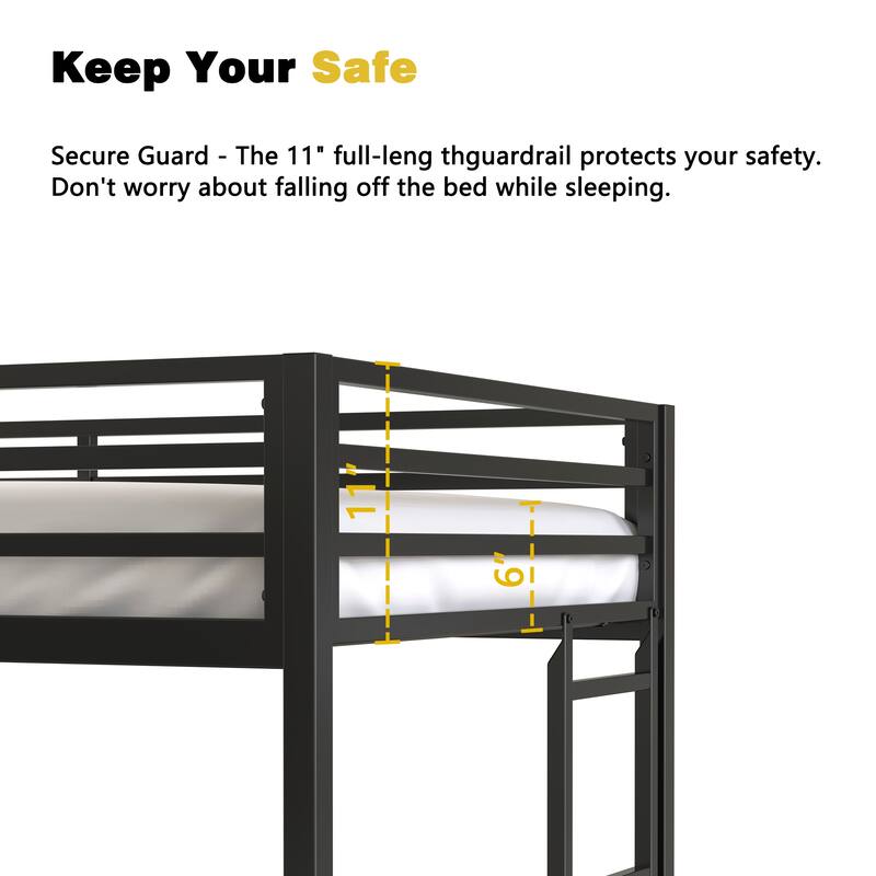 Twin Size Metal Loft Bed with Integrated Desk and Closet Rod, Space-Saving Frame with Guardrails and Ladder