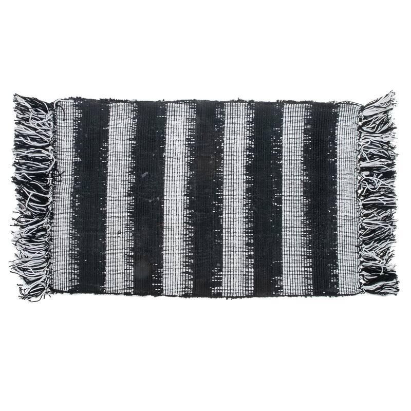 Microfibre Striped Bath Mat With Fringe Black 20X32