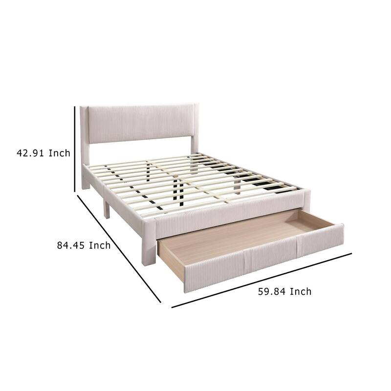 Peo Queen Size Bed w Storage Drawer, Light Pink Corduroy Upholstery