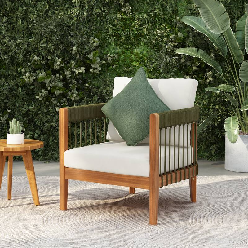Acacia Wood Outdoor Club Chair with Handwoven Rope Accents & Curved Backrest - Water-Resistant with Removable Cushions