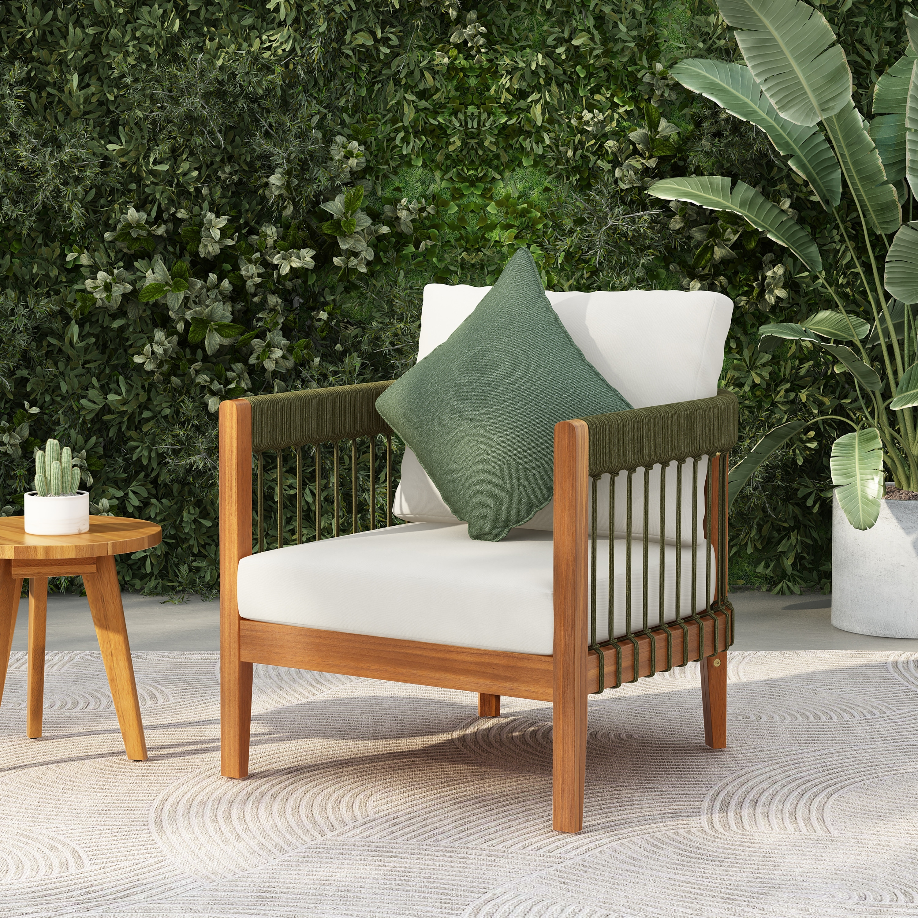 Roomfitters Acacia Wood Outdoor Club Chair with Handwoven Rope Accents, Water-Resistant Cushions