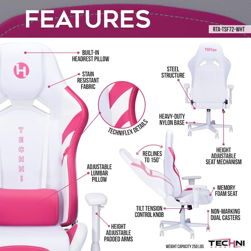 Sport TSF72 Echo Gaming Chair，High quality and durable， - White with Pink