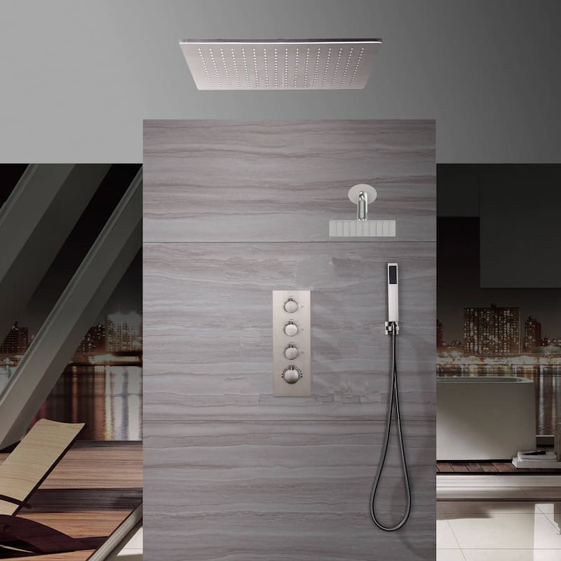 brushed nickel 20 inch rain LED shower heads 3 way thermostatic shower system with regular shower head - 7'6" x 10'9"