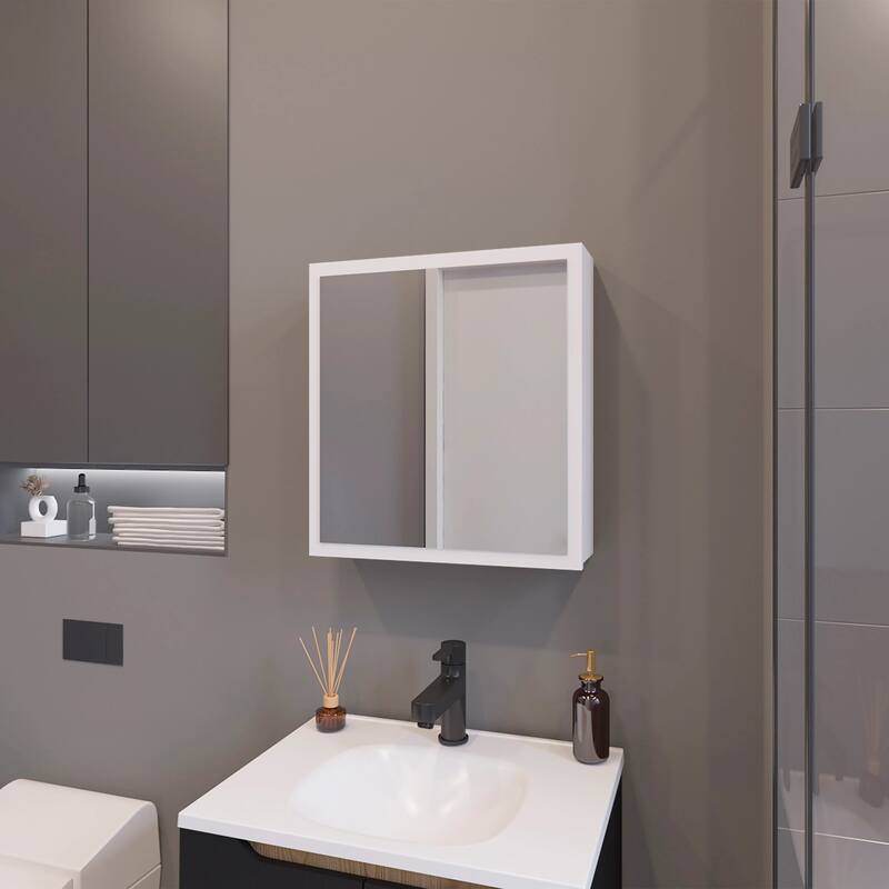 Wall-Mounted Medicine Cabinet with Mirror, Three Internal Shelves, and Black Finish for Bathroom or Bedroom - 5.7X19.7 in - White + Particle Board