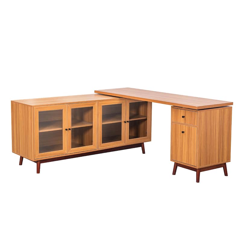 66.5" Large Office Desk with Drawers, Modern L-shaped Desk with Delicate Tempered Glass Cabinet Storage, Business Desk