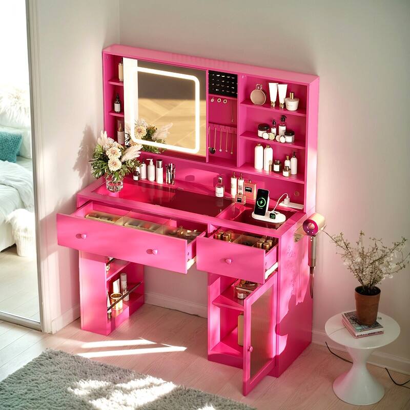 Particle Board Veneered , 2 Drawers, 1 Glass Door, Left and Right 2-tier Shelves, Glass Tabletop, Dressing Table - N/A