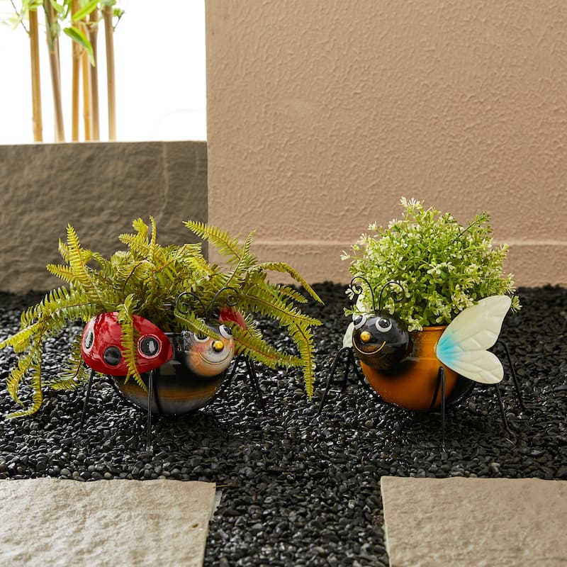 Glitzhome 10"W Set of 2 Metal Bee and Ladybug Statue Planter with Drainage Hole