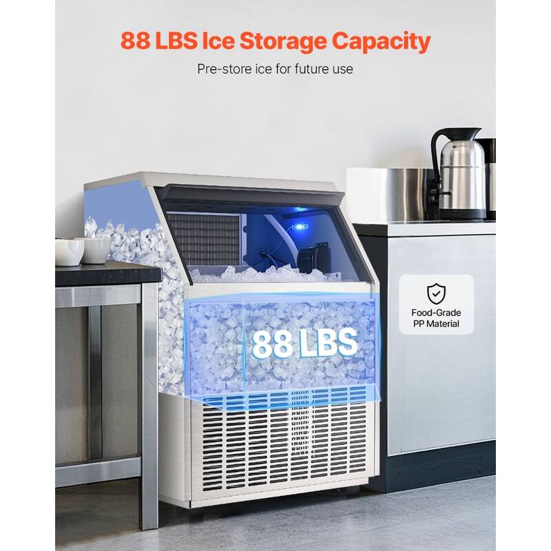 Silver Freestanding Ice Maker Machine with 88 lbs Storage and Self-Cleaning LED Digital Panel - 26 x 24 x 36.4 in