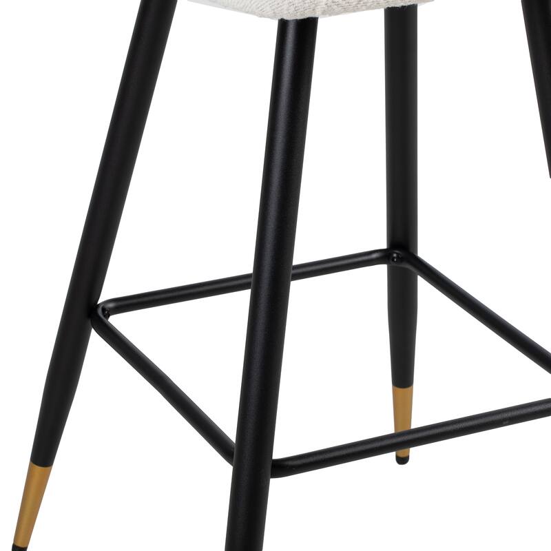 Set of 2 Bar Height Chairs Smooth Lines Barstools with Ergonomic Curved Backrest, Black Metal Legs and Gold Tipped Ends