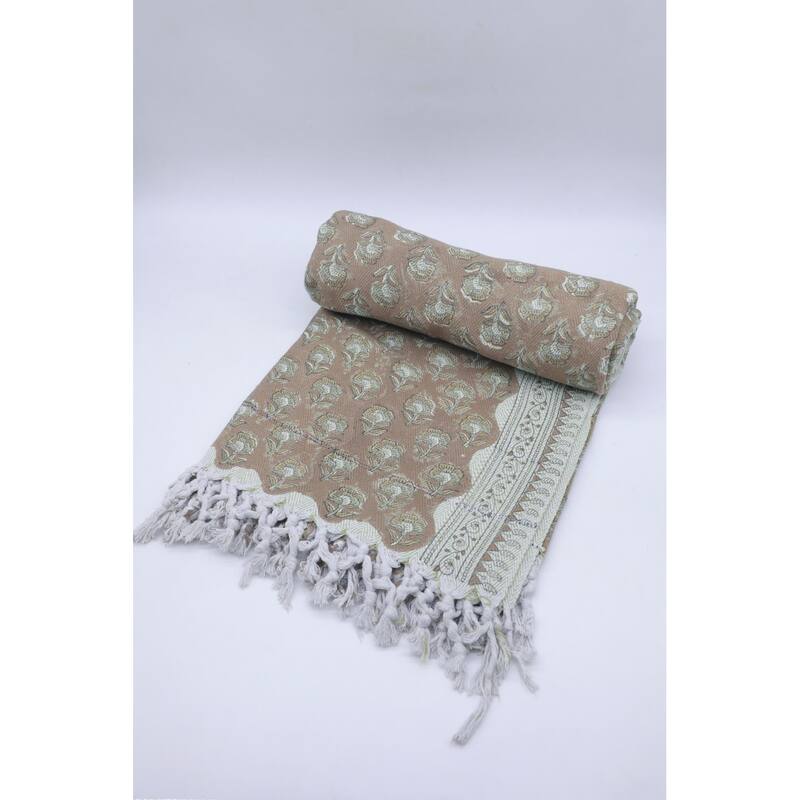 Fabdivine Rohini Handwoven Cotton Throw Blanket - Floral Block Print Decorative Home Accent with Artisan Fringe, 90" x 54"