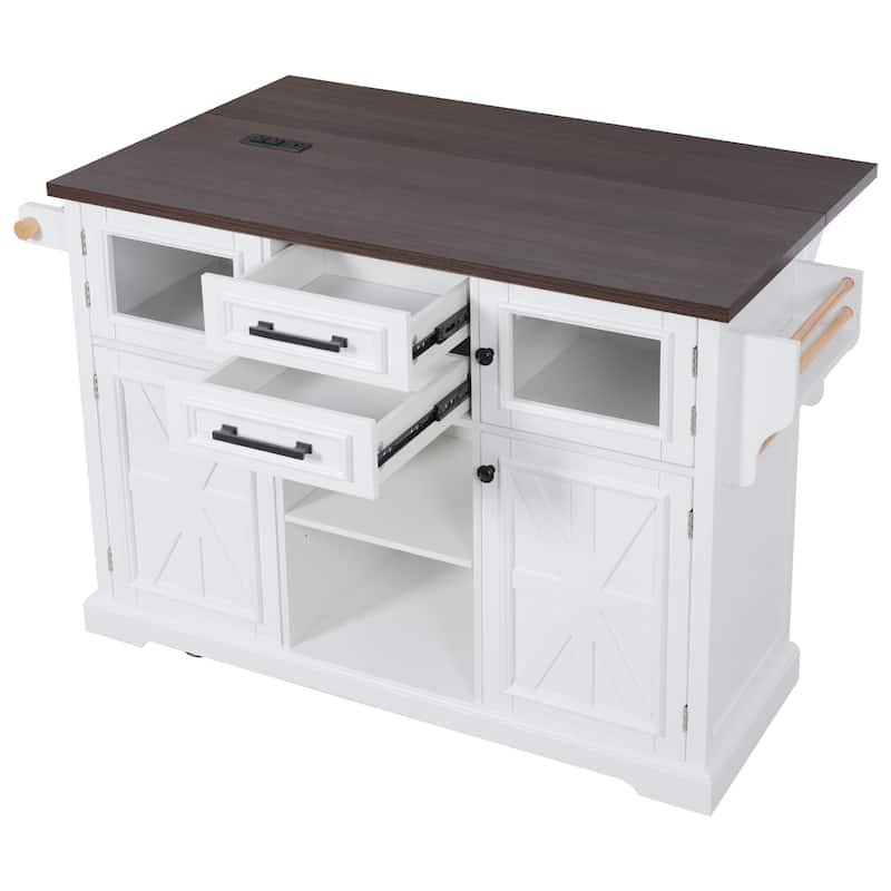 Kitchen Island with Drop Leaf, Power Outlet and 4 Door Shelves