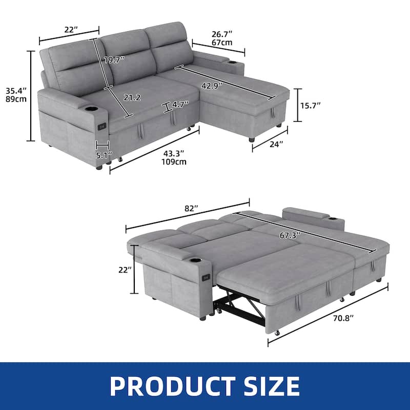 Moasis 81" Sectional Sleeper Sofa with Pull Out Bed & Adjustable Backrest and Power Outlets