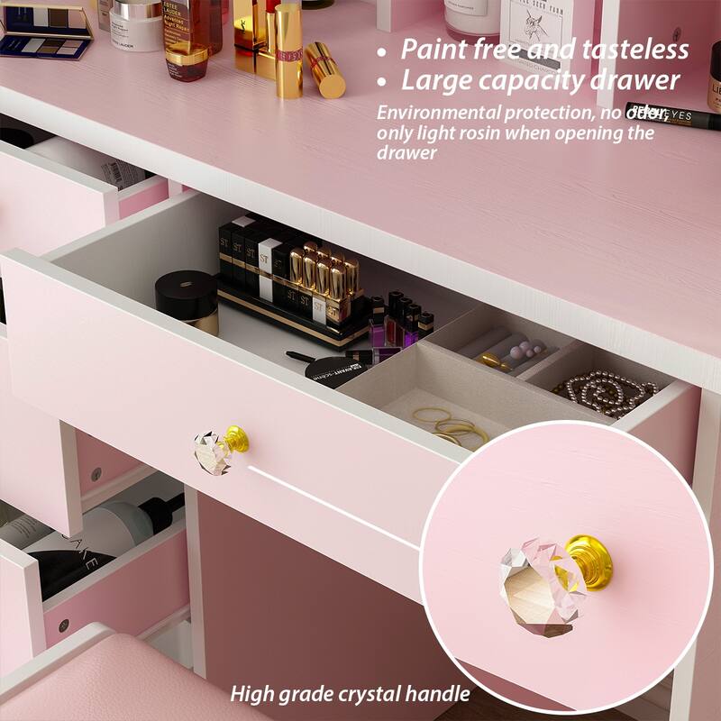 Makeup Vanity Set wi/Lighted Mirror, Storage Shelves and Drawers White - 31.5"L x 15.7"W x 55.1"H