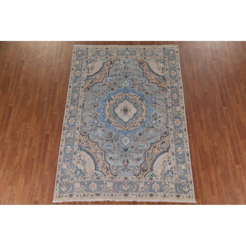 Hand Knotted Oriental 100% Wool Carpet Traditional Floral Navy Blue & Blues Tabriz Area Rug - 9' 4'' X 6' 5''