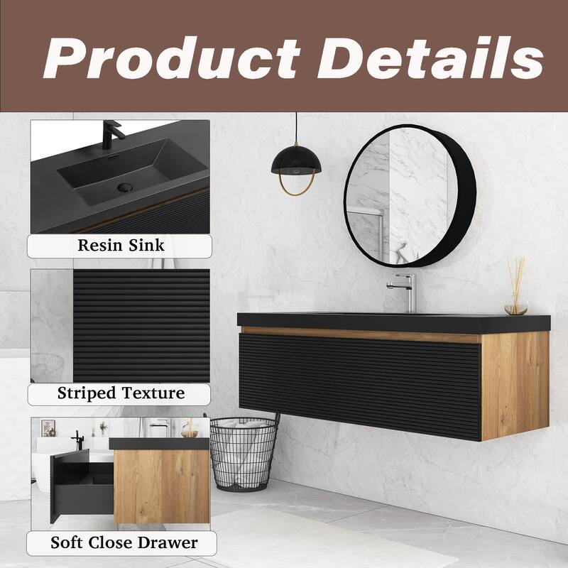 MDF Wall-Mounted Bathroom Vanity Set with Integrated Resin Sink with Drain in Matte Black