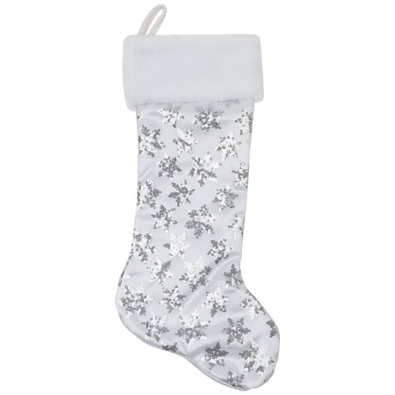 19 White and Silver Sequin Snowflake Christmas Stocking