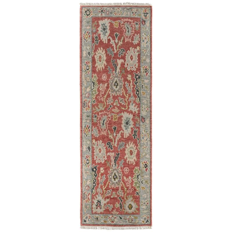 Grand Bazaar Larson Hand Knotted Floral & Botanical Transitional Area Rug - 2'6" x 8' - Red/Gray/Ivory