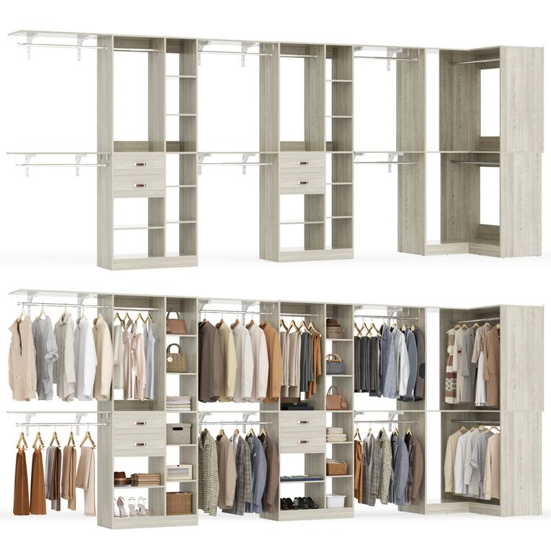 Rackcog 95'' - 188'' Closet System with Hanging Rods, Set of 3 Corner Closet Organizer with Drawers and Shelves