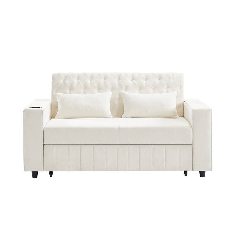 61.41" Chenille Convertible Sofa Bed with Adjustable Backrest, USB & Cup Holders
