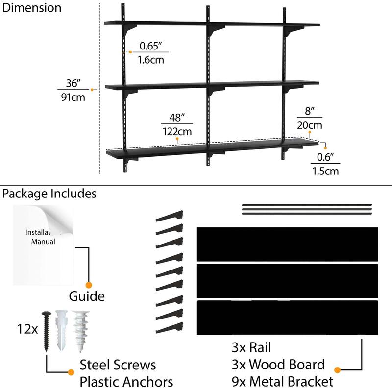 Wallniture Turin 48" Black Floating Wall Shelf with Adjustable Brackets, Hanging Shelves, Wall Mounted, Boho Decor, Tier Options
