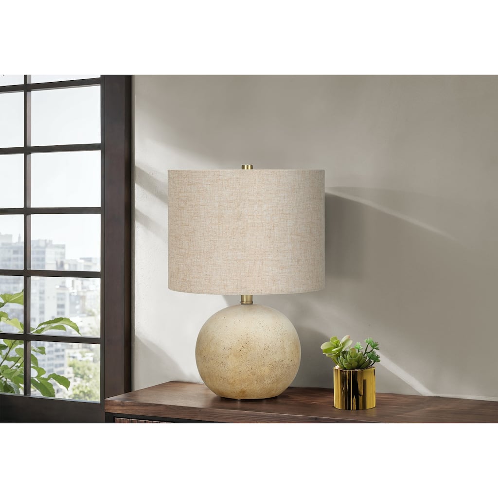Concrete Table Lamp with Linen Drum Shade Sphere Base 3 Way Switch