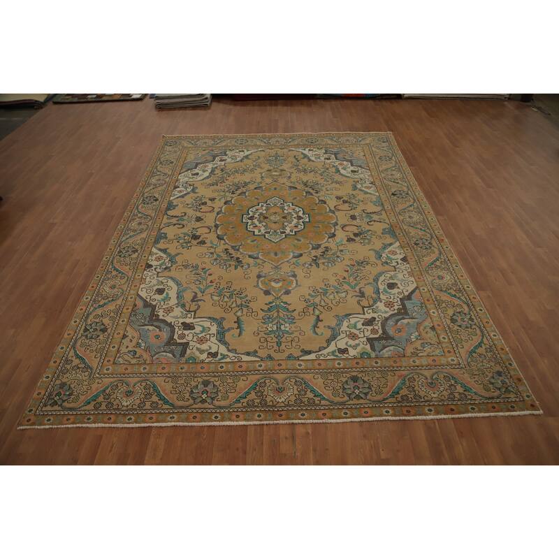 Hand Knotted Oriental 100% Wool Carpet Traditional Floral Brown Tabriz Area Rug - 12' 11'' X 9' 2''