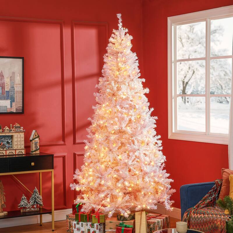 HOMCOM Pre-Lit Douglas Fir Tree - Warm White LED Lights, Realistic Branches, Pink
