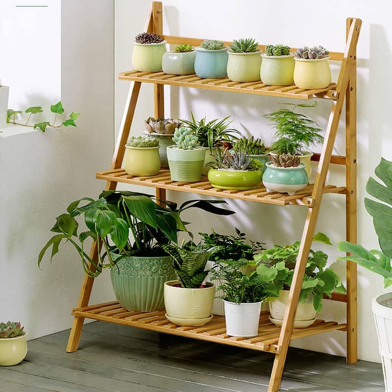 38.8" Foldable Bamboo Plant Stand 3 Tier Ladder Shelves