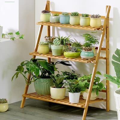 38.8" Foldable Bamboo Plant Stand 3 Tier Ladder Shelves