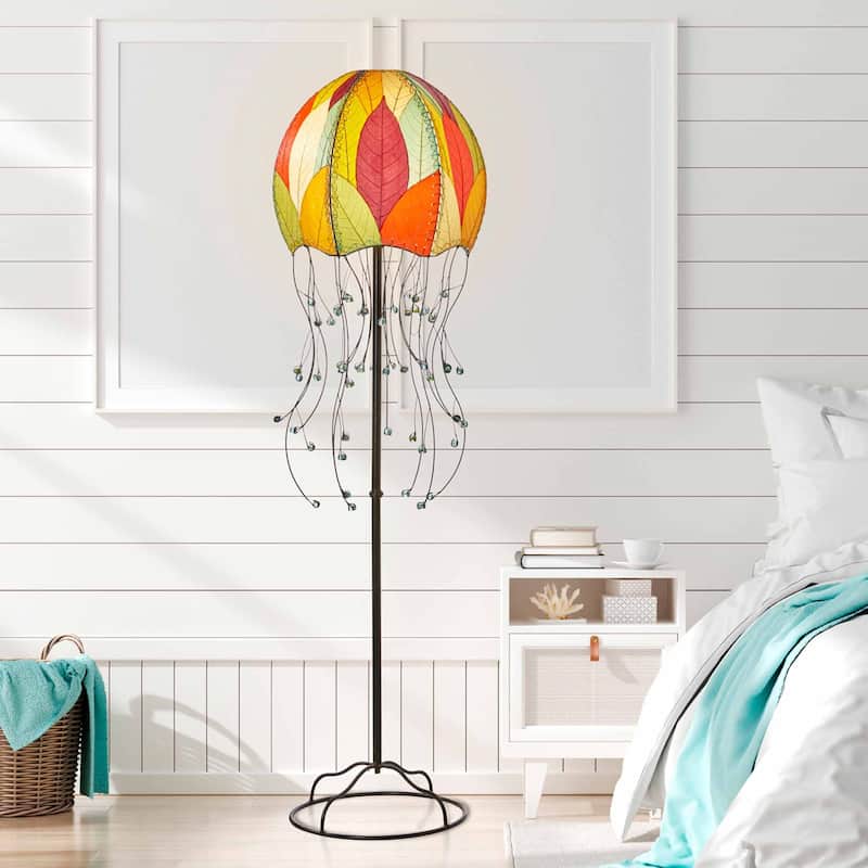 Handmade Jellyfish Large Floor Lamp, Cocoa Leaves Shade, 15 x 15 x 64 in.