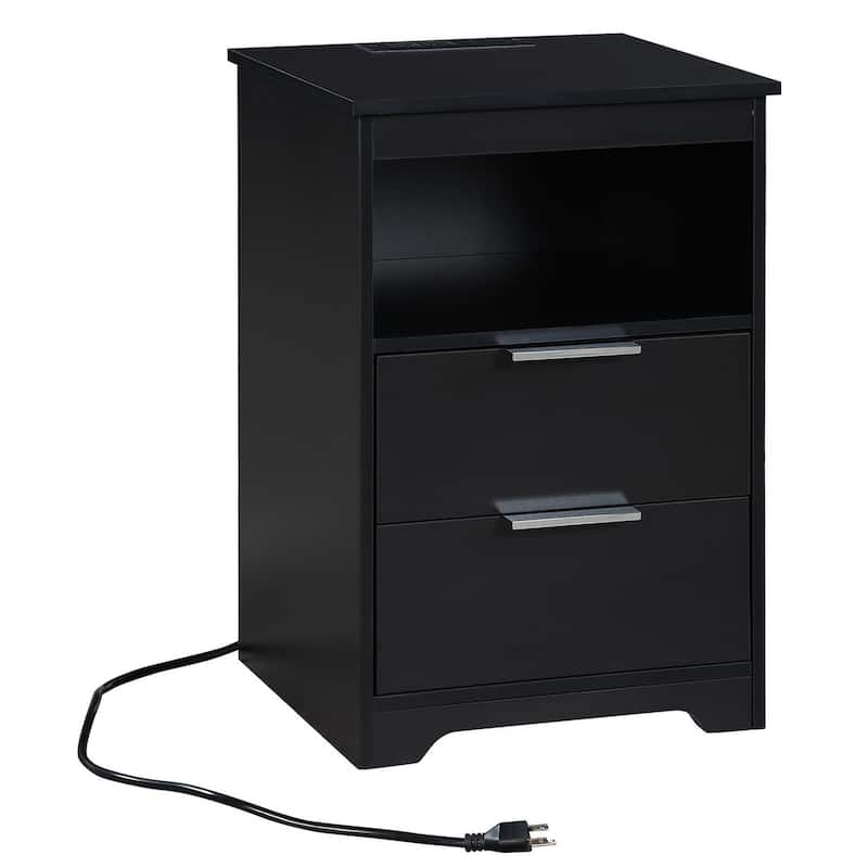 Nightstand with Charging Station,End Table with 2 Drawers,Wooden End Table with Drawer and Opening Shelf
