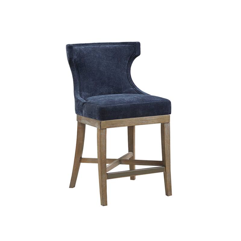 Roomfitters 360-Swivel Counter Stool, Upholstered Wingback Bar Chair with Piping and Bronze Kickplate, Navy Blue