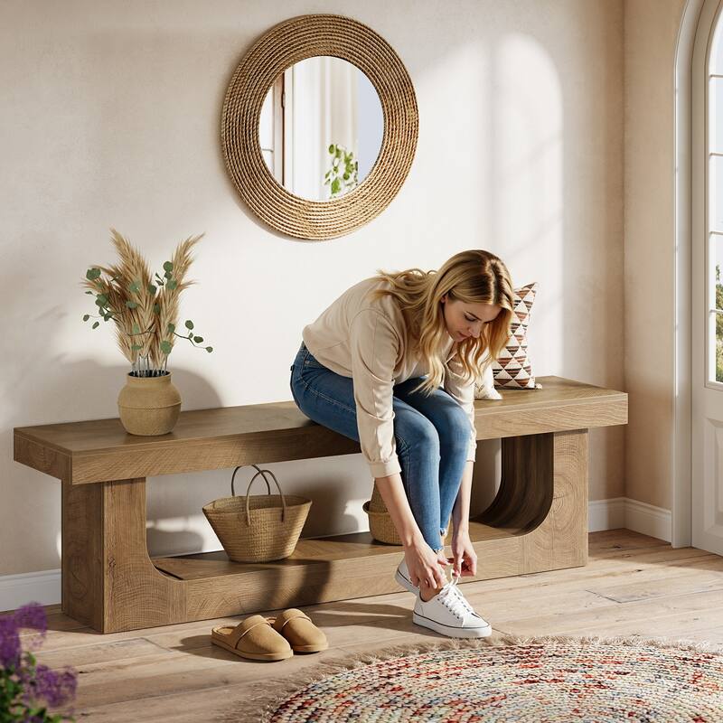 Modern Entryway Shoe Bench, 2-tier Wooden Entryway Bench