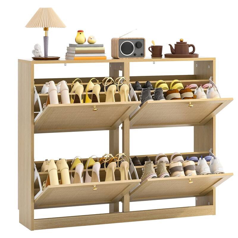 Anmytek 24 Pairs Large White Rattan Shoe Storage Cabinet with 4 Flip Drawers Narrow Shoe Storage Organizer for Entryway