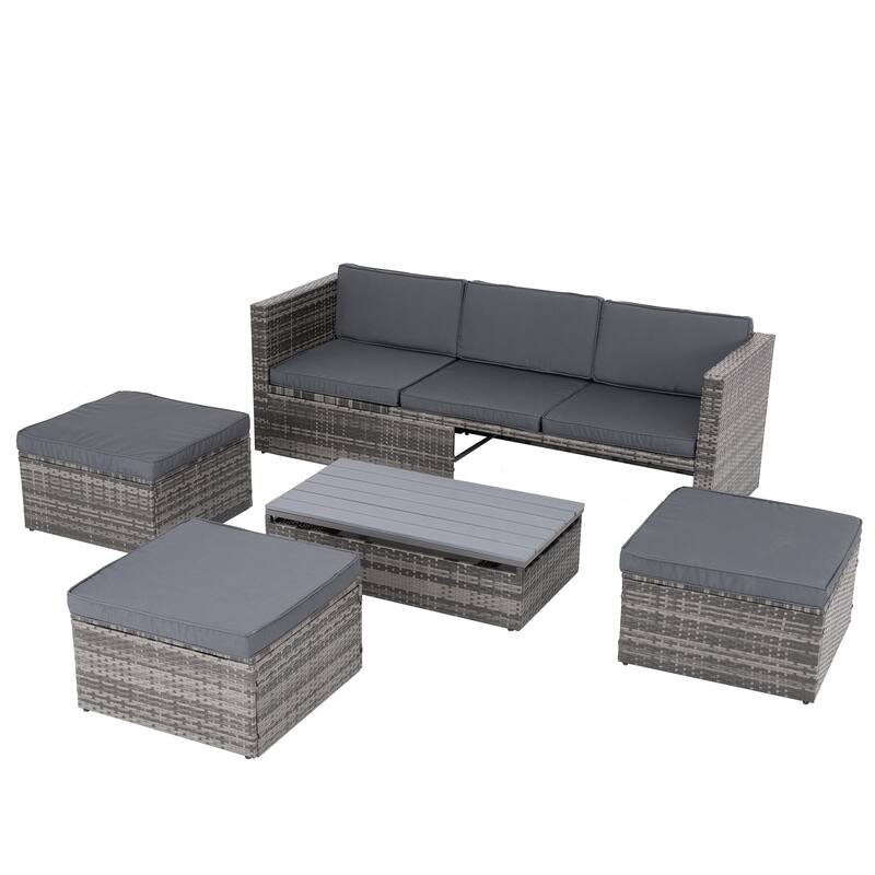 5 Piece Outdoor PE Wicker Sofa Set, Patio Conversation Furniture Set with Lift TOP Coffee Table and Lounger Sofa
