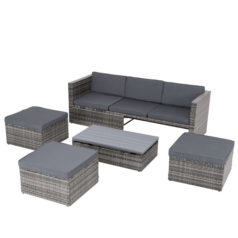 5 Pieces PE Wicker Outdoor Sectional Sofa Set with Lift-Top Coffee Table