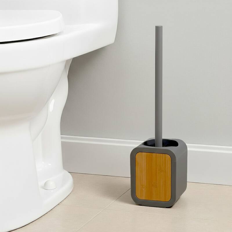 Toilet Brush and Holder Rubber and Wood - 4 L x 3.9 W x 15.2 H - Gray/Acacia