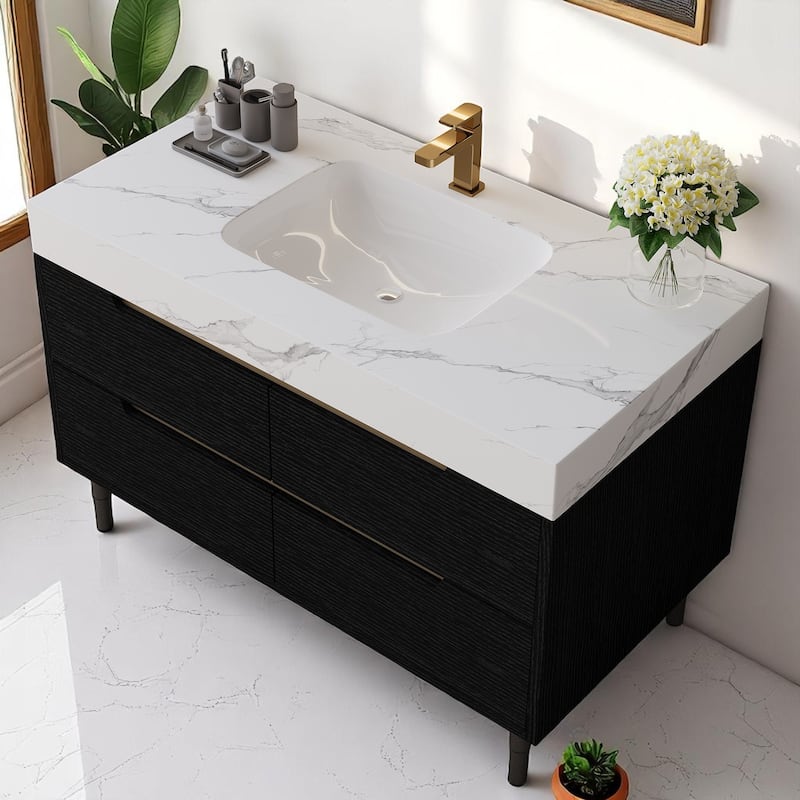40" Wall-Mounted Bathroom Vanity with Oval Ceramic Sink, Floating Cabinet with Moisture-Resistant Countertop, Soft-Close Storage