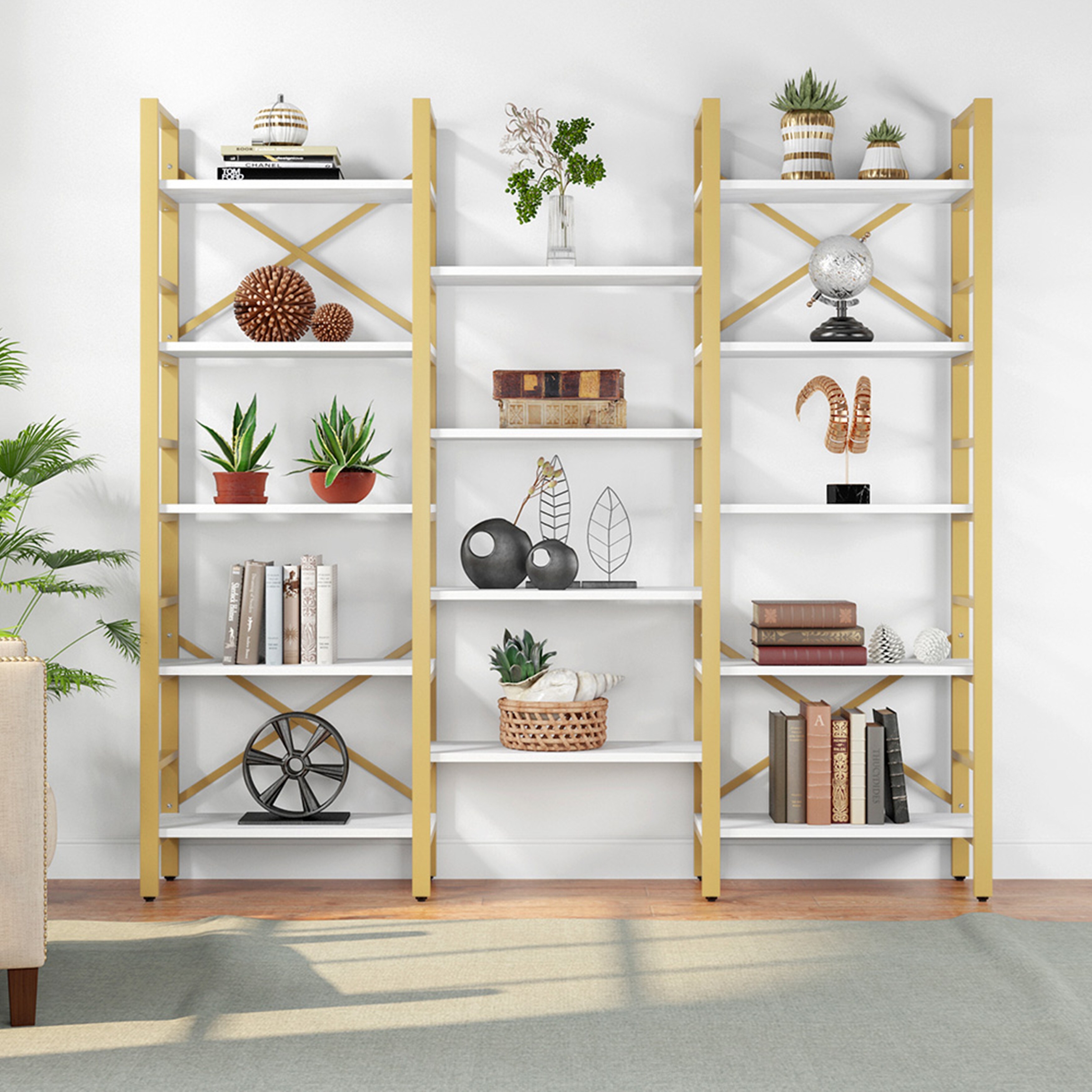 Triple Wide 5 Shelf Bookcase Etagere Large Open Bookshelf Overstock 31247440