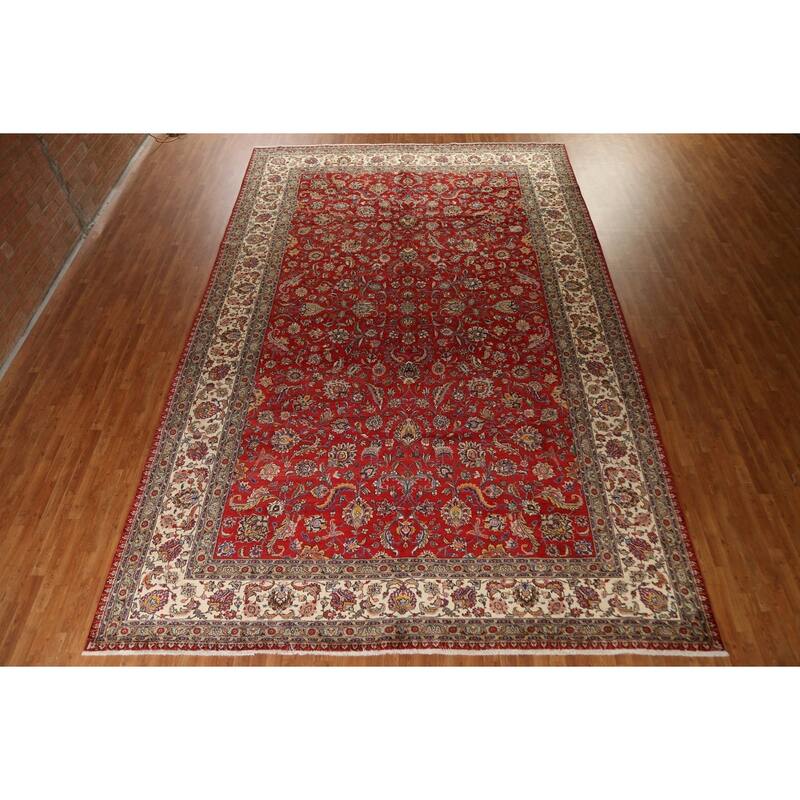 Hand Knotted Oriental 100% Wool Carpet Traditional All-Over Red Tabriz Area Rug - 16' 7'' X 10' 11''