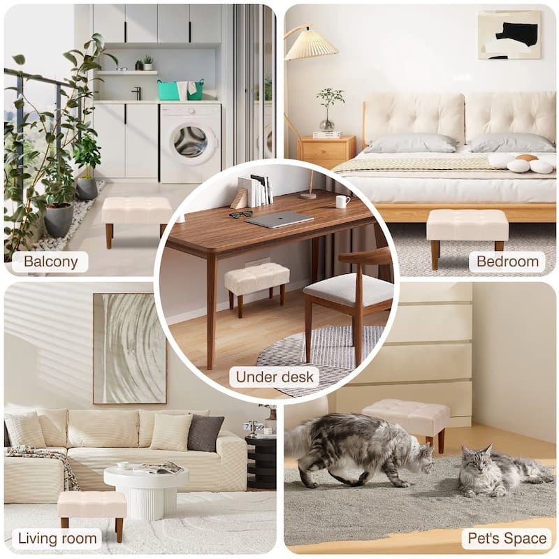 Javlergo Set of 1 or 2 Linen Ottoman Foot Rest with Wooden Legs Tufted Rectangle Upholstered Footstool for Couch Living Room