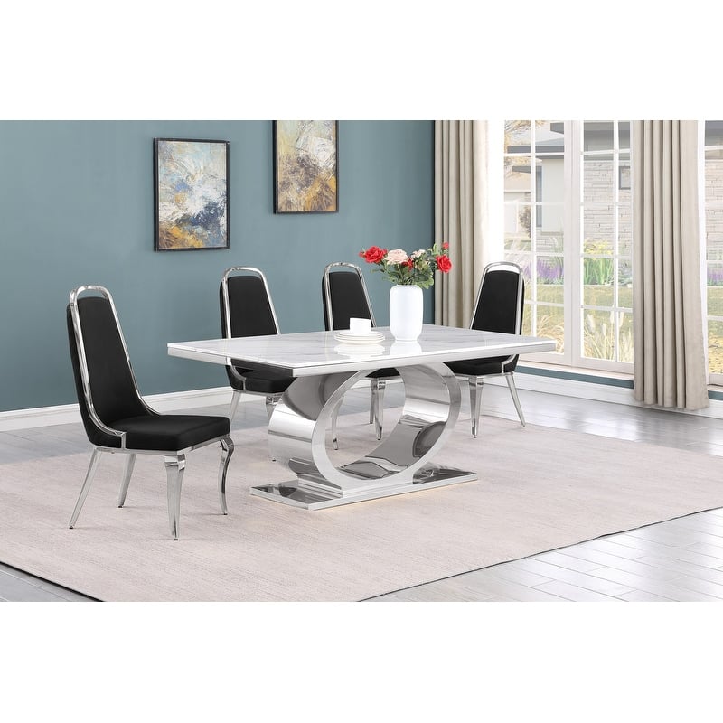 Best Quality Furniture D430/1-SC310-7 Dining Set with 68" White Marble Top - 5-Piece - Black / Silver
