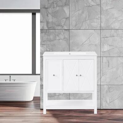 Freestanding 30" Bathroom Vanity with Ceramic Sink, Painted MDF Cabinet with 2 Doors and 1 Drawer, Storage for Bathroom
